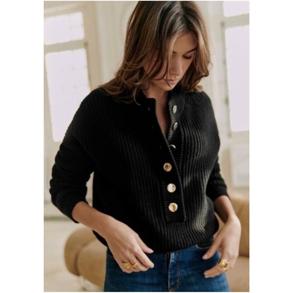 Sezane Lucas Jumper Wool Knit Oversized Button Sweater Black Italy Size Small